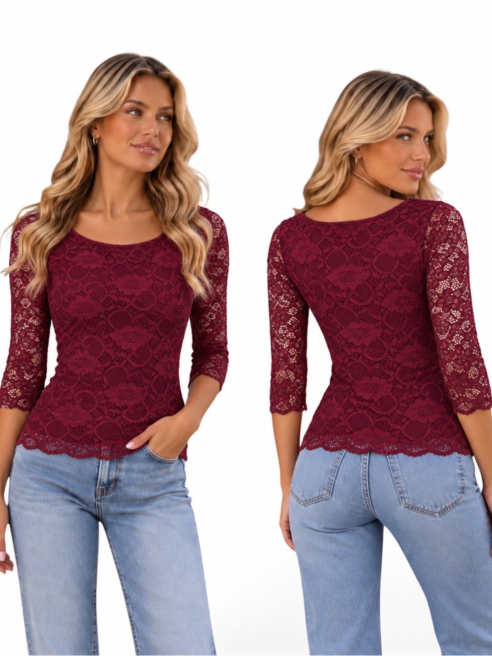 Women's Lace Scoop Neck Top - Burgundy